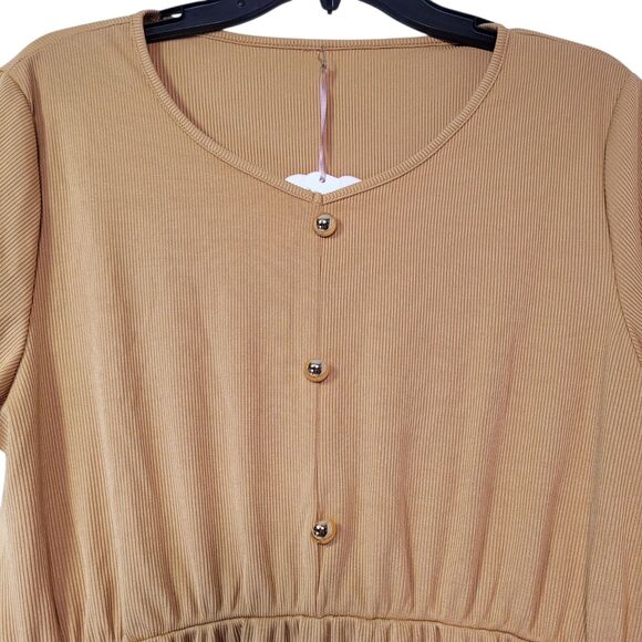 Women Ribbed 3 Front Button Short Sleeve Mini Dress Khaki Size Large - Picture 5 of 8